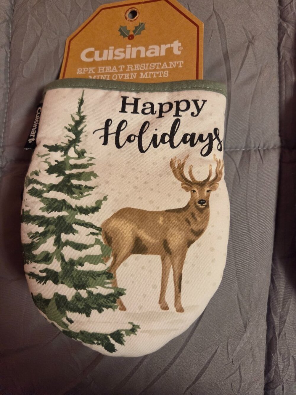 Happy Holiday Deer oven or cookout Mitts.